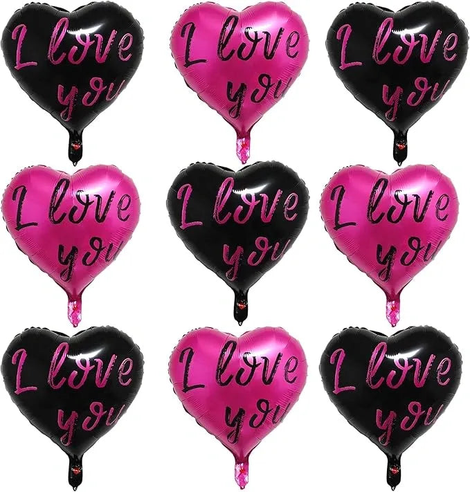 10Pcs Black & Hot Pink Heart Shape Foil Mylar Balloons 18 Inch for Valentine's Day, Birthday Party Decorations, Wedding, Engagement, Romantic Decorations