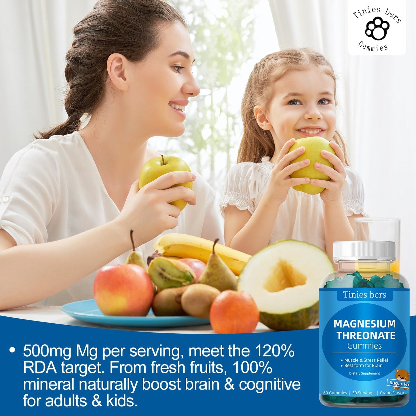 Magnesium Threonate Gummies 500mg, Sugar Free L-Threonate Gummies for Adults Kids, Best Mganesium Gummies for Brain, Non-GMO, Gulten Free, Vegan, Pectin, 60