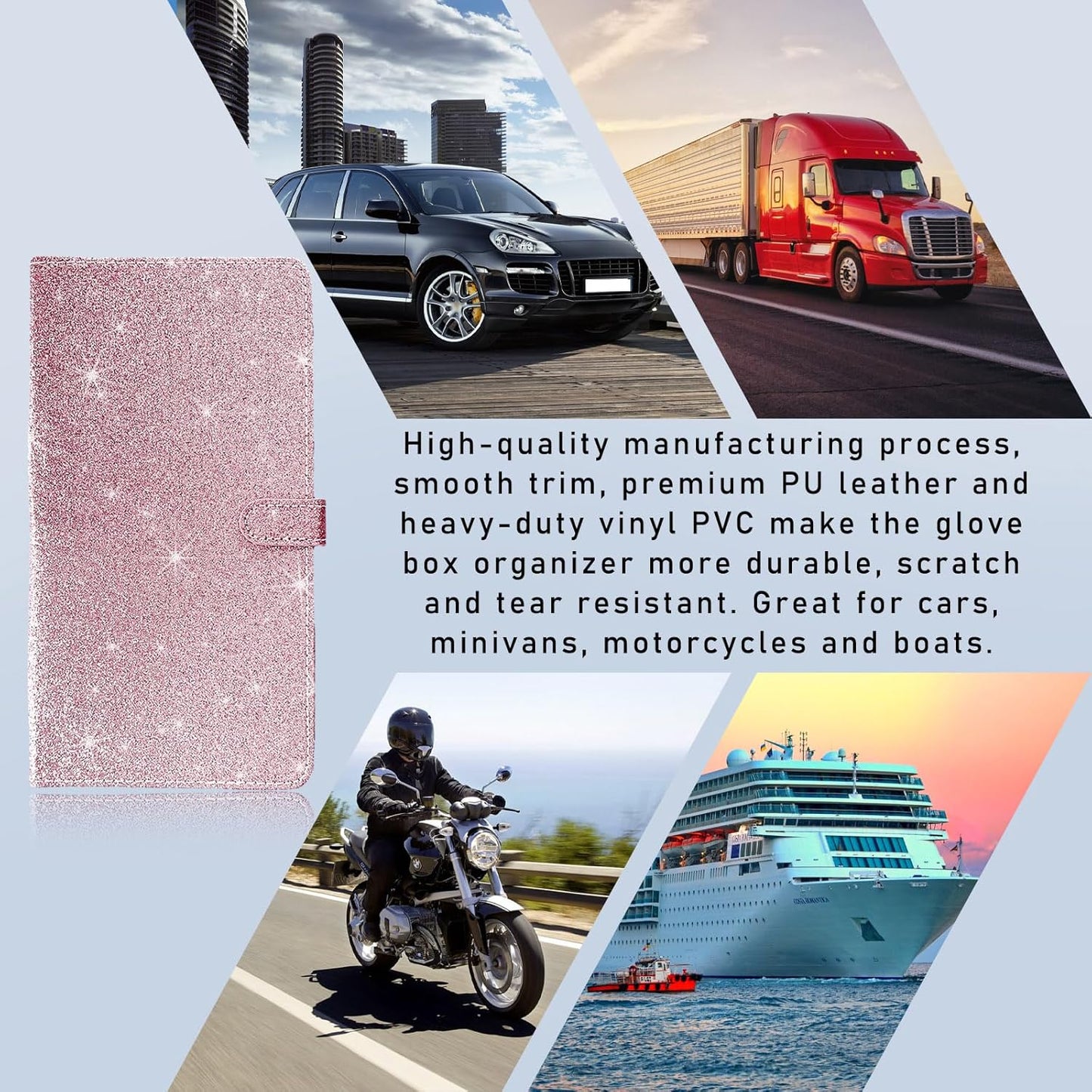 Ziciner Car Registration and Insurance Holder, Auto Card Document Glove Box Organizer with Magnetic Closure, Universal Vehicle Interior Accessories for Cars SUVs (Glitter Pink-Large)