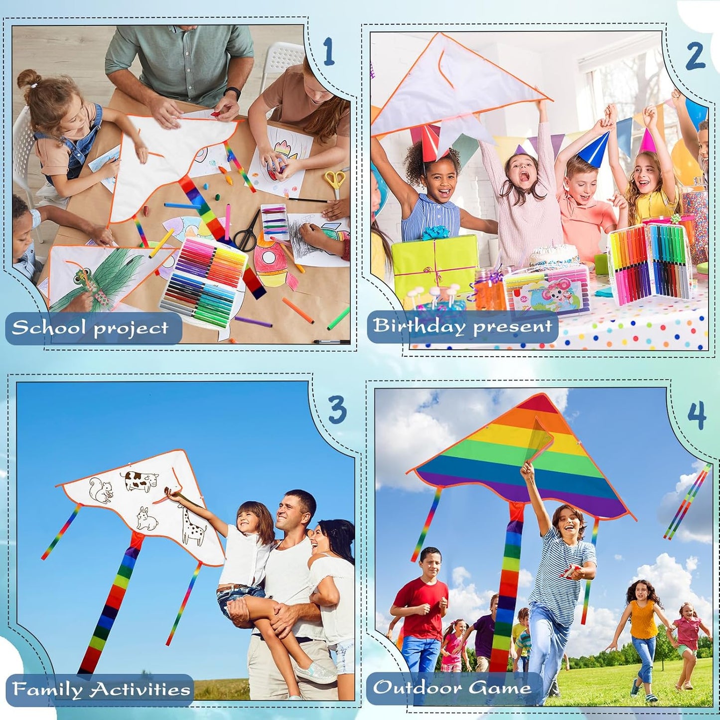 10 Pcs DIY Blank Kite Kit Paper Kites Bulk with 36 Pcs Watercolor Pens and 196.85 ft Kite String Kite Making Kit for Kids Girls Boys Outdoor Park Beach Activities Educational Games Party Favors