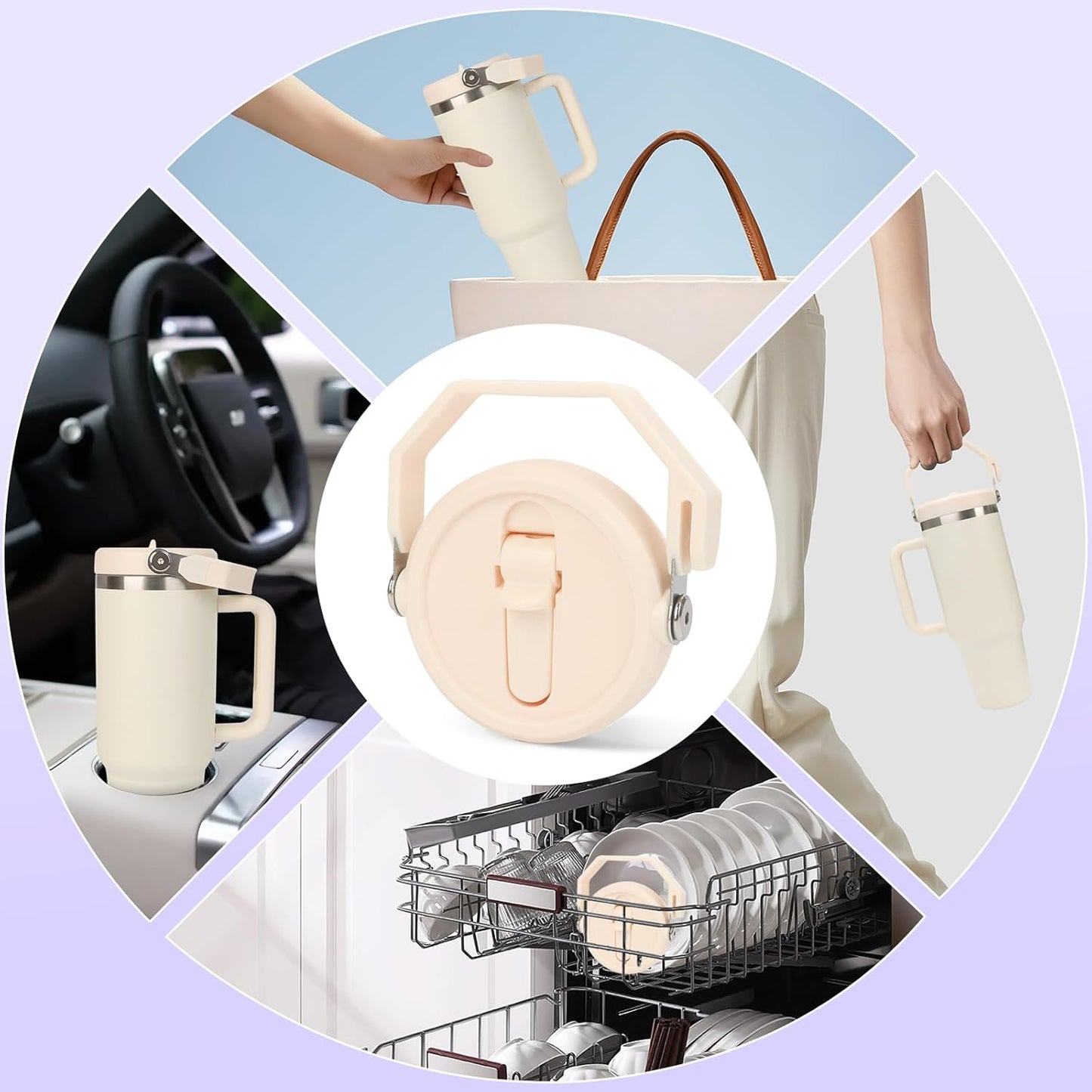 40 oz Flip Straw Leak Proof Lid with Handle for 40 oz. Stanley Quencher H2.0 & Pro Tour, Replacement Lid, Spill-proof, & Reusable (beige)