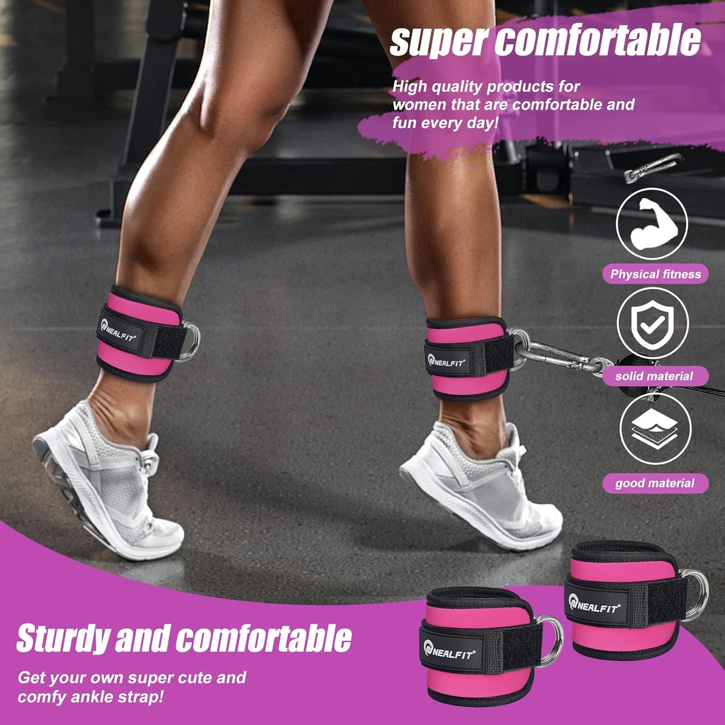 Ankle Strap for Cable Machine, Gym Ankle Cuff for Kickbacks, Leg Extensions, Glute Workouts, Booty Hip Abductors Exercise for Women and Men (PINK)