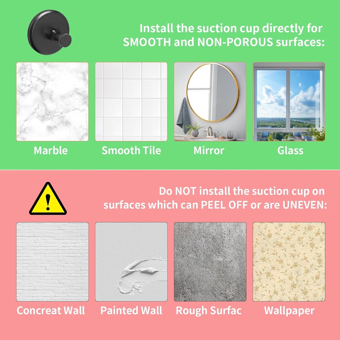 2 Pack Suction Cup Hooks for Shower, Towel Hooks for Bathrooms, Suction Hooks for Windows, Glass, Mirror, Tile, No Drill Shower Hooks for Hanging Loofah, Robe, Matte Black,