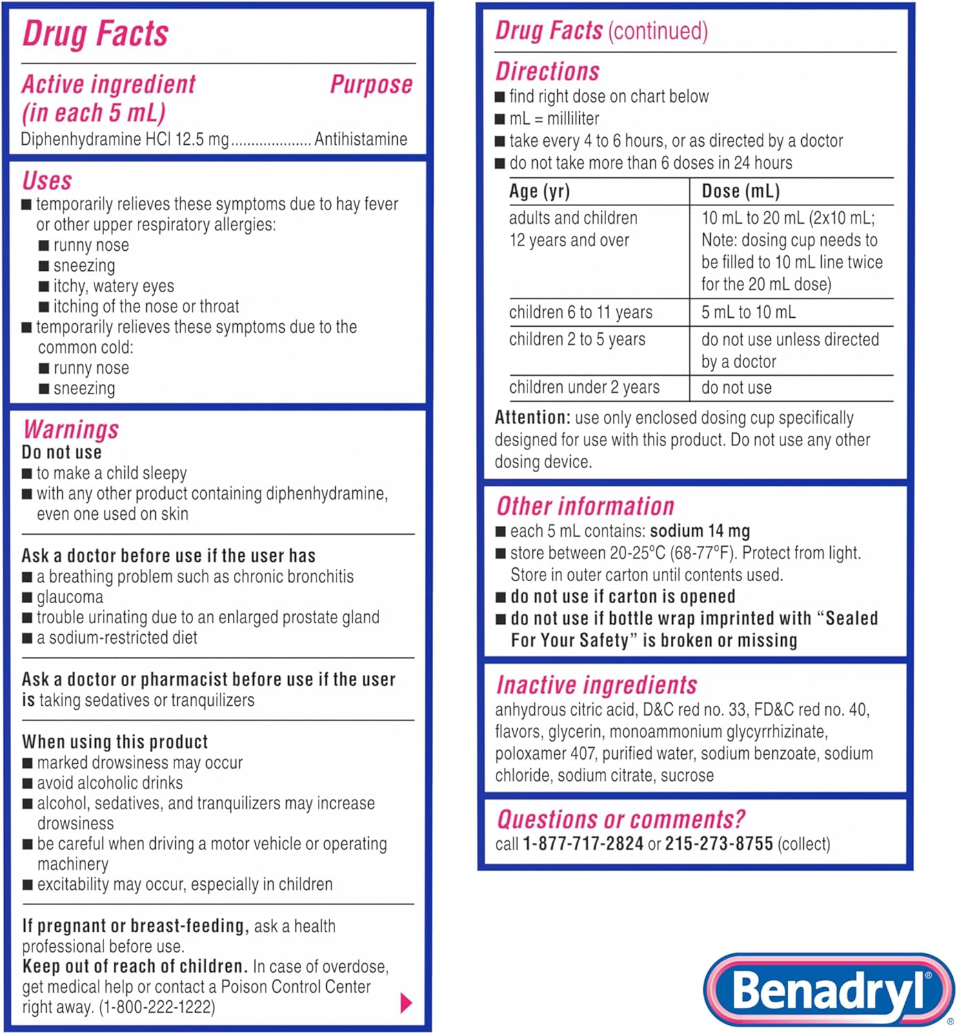 Benadryl Allergy Medicine, Liquid Diphenhydramine HCl Antihistamines for Adults, Alcohol-Free, Hay Fever Allergy Relief for Sneezing, Runny Nose, Itchy & Watery Eyes, Wild Cherry 4 fl oz