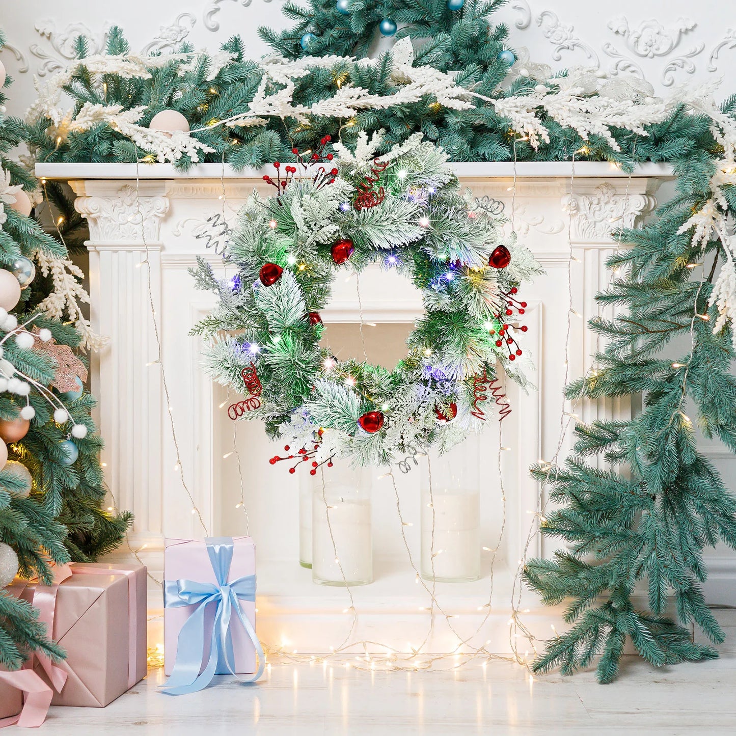 Christmas Wreath for Front Door 24inch - Light Up Artificial Christmas Wreath, Lighted Christmas Wreaths Battery Operated, with Bells and Wreath Hanger, for Front Door Wall Windows Christmas Decoration