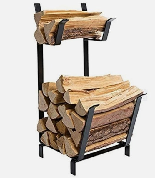 2-Tier Indoor Firewood & Kindling Rack – Metal Fireplace Log Holder & Storage
