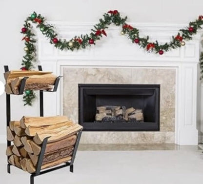 2-Tier Indoor Firewood & Kindling Rack – Metal Fireplace Log Holder & Storage