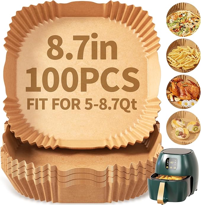 100 PCS Air Fryer Disposable Paper Liners,8 Inch Square Parchment Disposable Paper Liner for 5-8QT Air Fryer,Baking, Roasting and Microwave, Non-Stick Airfryer Accessories