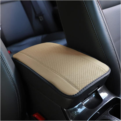 Beige PU Leather Car Center Console Cushion - Waterproof & Non-Slip Armrest Protector