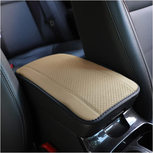 Beige PU Leather Car Center Console Cushion - Waterproof & Non-Slip Armrest Protector