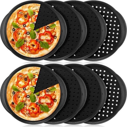 Meekoo 8 Pcs Pizza Pans with Holes and Handle 12 Inch Non Stick Pizza Crisper Tray for Oven Round Carbon Steel Perforated Pizza Baking Accessories for Home Restaurant Kitchen Baking Supplies