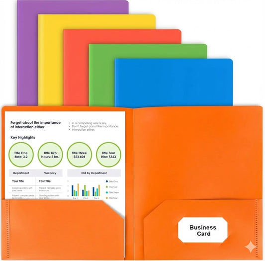 5 Folders with Pockets, 5 Color Heavy Duty Plastic Two Pocket Folder with Business Card Holder for Office High School Business Resume