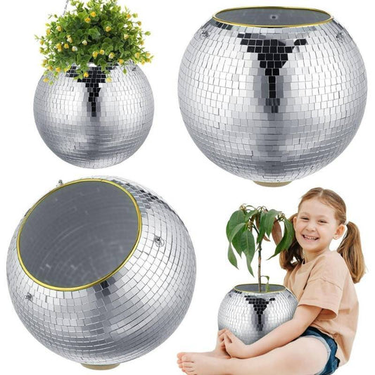 3-Pack 12" Silver Disco Ball Planters Boho Hanging Flower Pots, Mirror