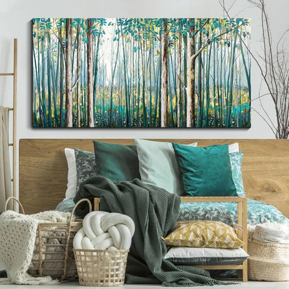 Large 60x30" Hand-Painted Birch Tree & Green Leaf Oil Painting on Canvas — Modern Landscape Wall Art for the Living Room, Bedroom, or Office.