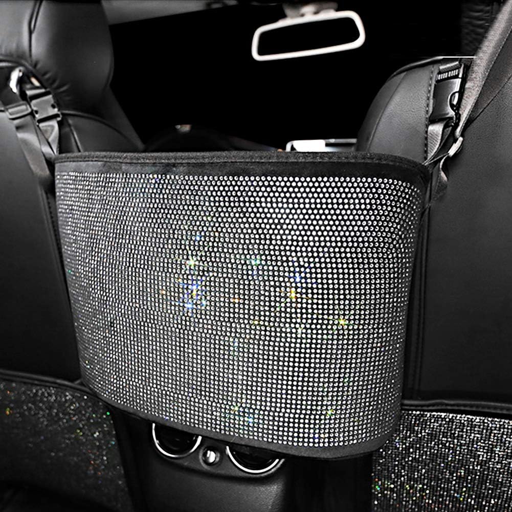 Bling Car Net Pocket Handbag Holder with Rhinestones, Universal Fit, Silver