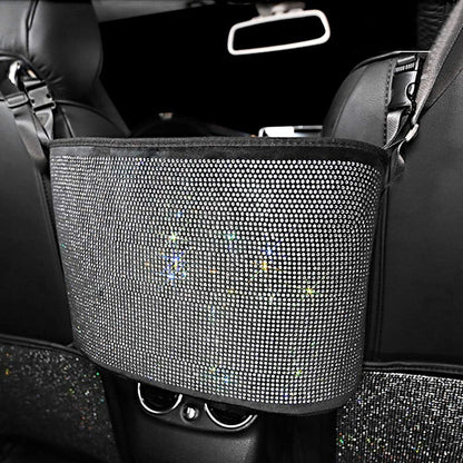 Bling Car Net Pocket Handbag Holder with Rhinestones, Universal Fit, Silver