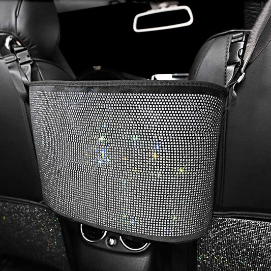 Bling Car Net Pocket Handbag Holder with Rhinestones, Universal Fit, Silver