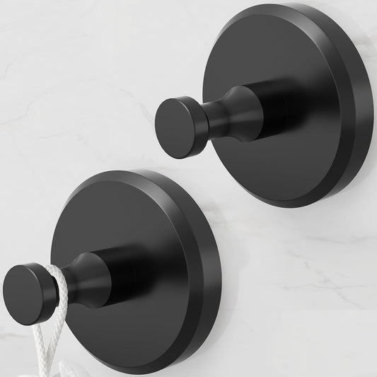 2 Pack Suction Cup Hooks for Shower, Towel Hooks for Bathrooms, Suction Hooks for Windows, Glass, Mirror, Tile, No Drill Shower Hooks for Hanging Loofah, Robe, Matte Black,
