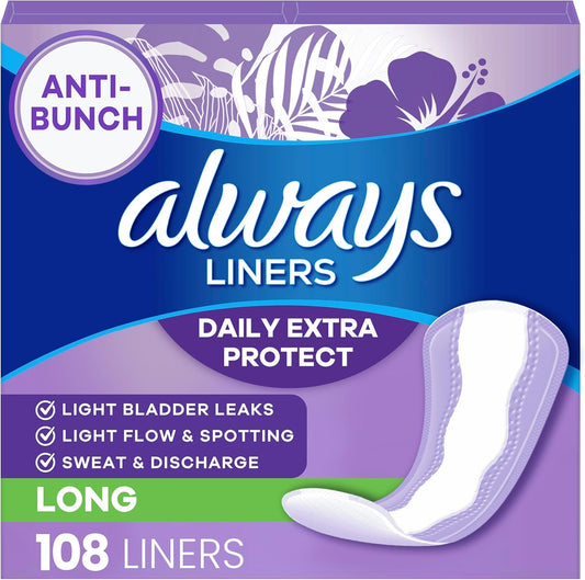 Always Daily Extra Protect Liners, Long Length, Unscented Panty Liners, 2 Packs of 54, 108 Count