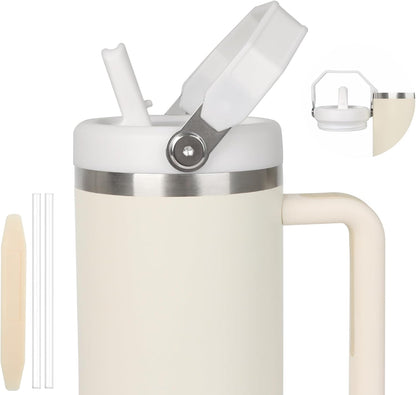 40 oz Flip Straw Leak Proof Lid with Handle for 40 oz. Stanley Quencher H2.0 & Pro Tour, Replacement Lid, Spill-proof, & Reusable (white)
