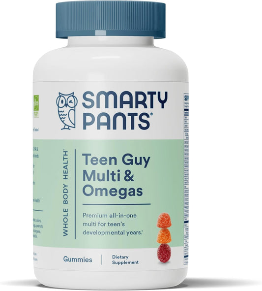 Smarty Pants Teen Guy Formula, Daily Multivitamin Gummies: Vitamins C, B12, K, Zinc, & Biotin for Immune Support, Energy, Skin & Hair Support, Assorted Fruit Flavor, 120 Gummies (30 Day Supply)