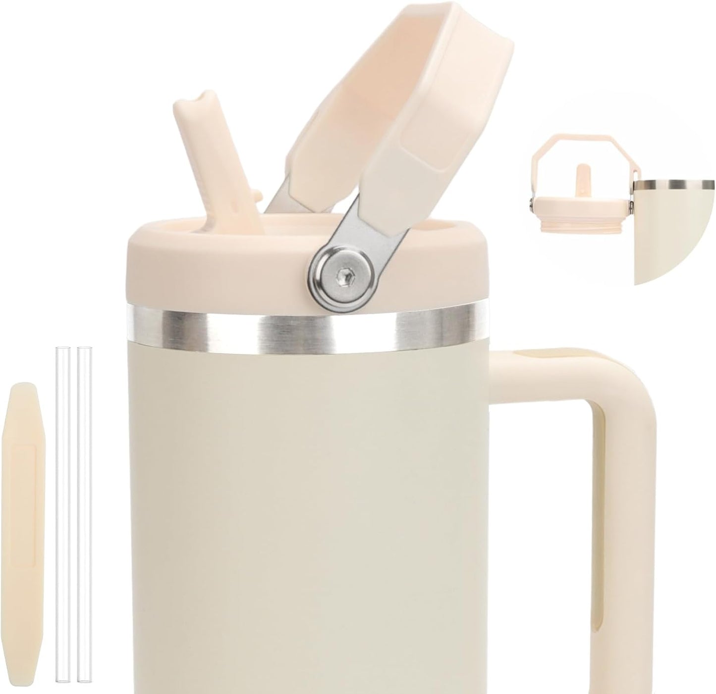 40 oz Flip Straw Leak Proof Lid with Handle for 40 oz. Stanley Quencher H2.0 & Pro Tour, Replacement Lid, Spill-proof, & Reusable (beige)