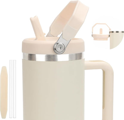 40 oz Flip Straw Leak Proof Lid with Handle for 40 oz. Stanley Quencher H2.0 & Pro Tour, Replacement Lid, Spill-proof, & Reusable (beige)