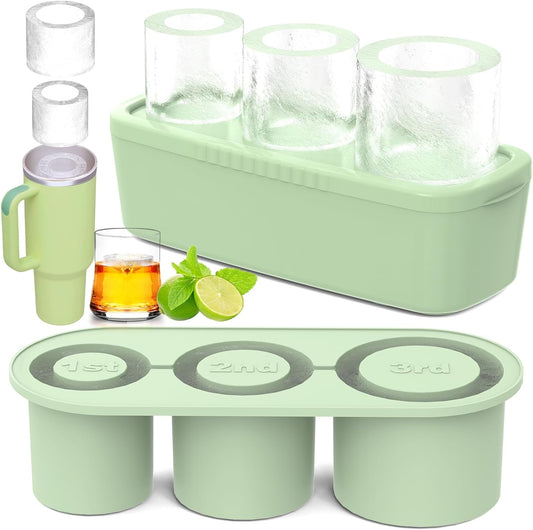 Ice Cube Tray for Tumblers and Stanley Cups, with 3 Hollow Silicone Cylinder Ice Mold with Lid and Bin for Freezer, Easy Fill & Release Ice Maker (Color-Green) (Size- 30 Oz - 40 Oz)
