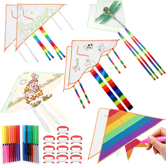 10 Pcs DIY Blank Kite Kit Paper Kites Bulk with 36 Pcs Watercolor Pens and 196.85 ft Kite String Kite Making Kit for Kids Girls Boys Outdoor Park Beach Activities Educational Games Party Favors