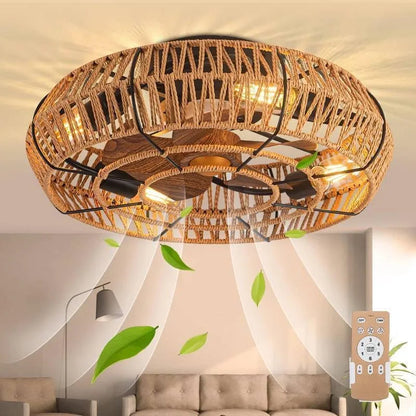 OPFLI 19" Boho Flush Mount Ceiling Fan with Remote
