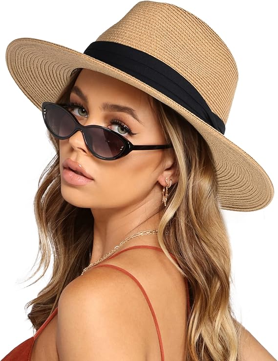 FURTALK Womens Wide Brim Straw Panama Hat Fedora Summer Beach Sun Hats UPF Straw Hat Khaki (LARGE)