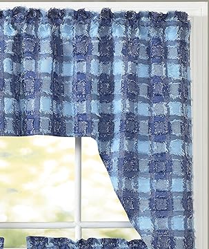 Blue Fashion Plaids Boho Pattern Clipped Yarn Swag Valance, Farmhouse Valance for Bathroom/Bedroom/Living Room