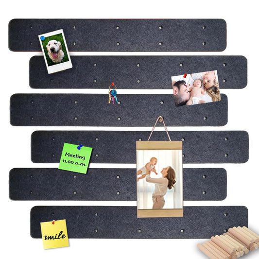 6 Pack Self Adhesive Felt Pegboard Strip Set with 20 Wood Dowels - Grey Decorative Bulletin Board for Home and Office Wall