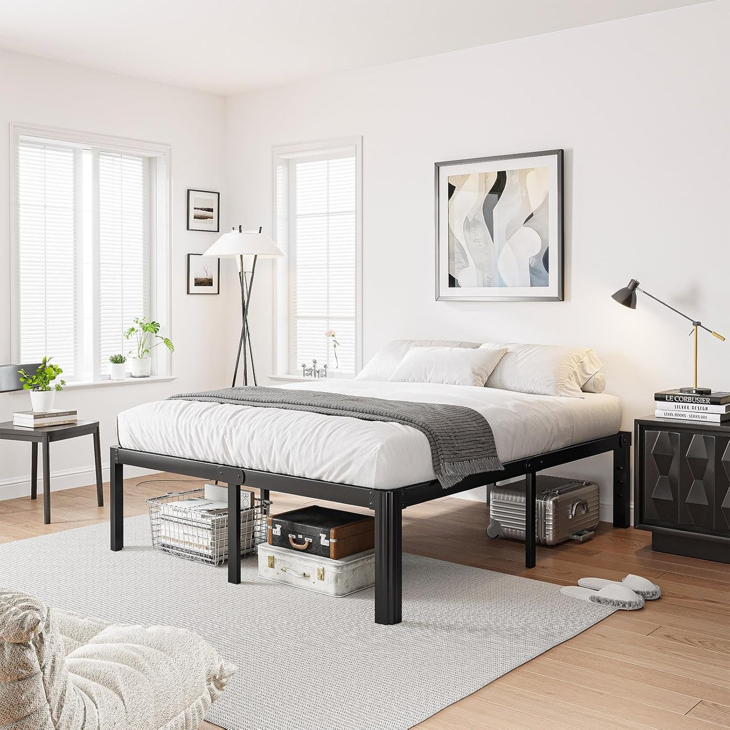 16 Inch High Platform Queen Bed Frame No Box Spring Needed, Metal Bed Frame Queen Size, Noise Free, Easy Assembly, Heavy Duty, Black