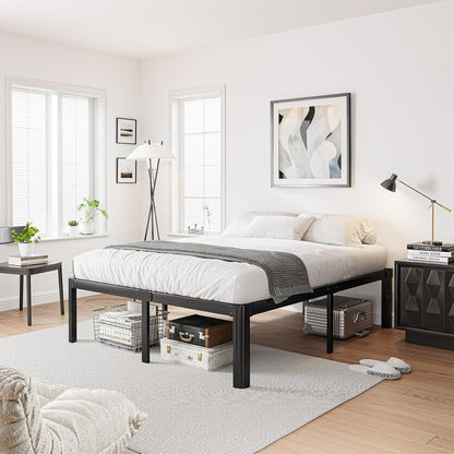 16 Inch High Platform Queen Bed Frame No Box Spring Needed, Metal Bed Frame Queen Size, Noise Free, Easy Assembly, Heavy Duty, Black