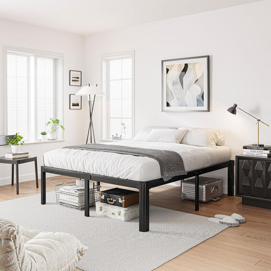 16 Inch High Platform Queen Bed Frame No Box Spring Needed, Metal Bed Frame Queen Size, Noise Free, Easy Assembly, Heavy Duty, Black