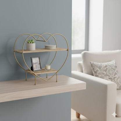 2-Tier Heart Shaped Wood Shelf Gold Metal Framed Free Standing Shelving Decor