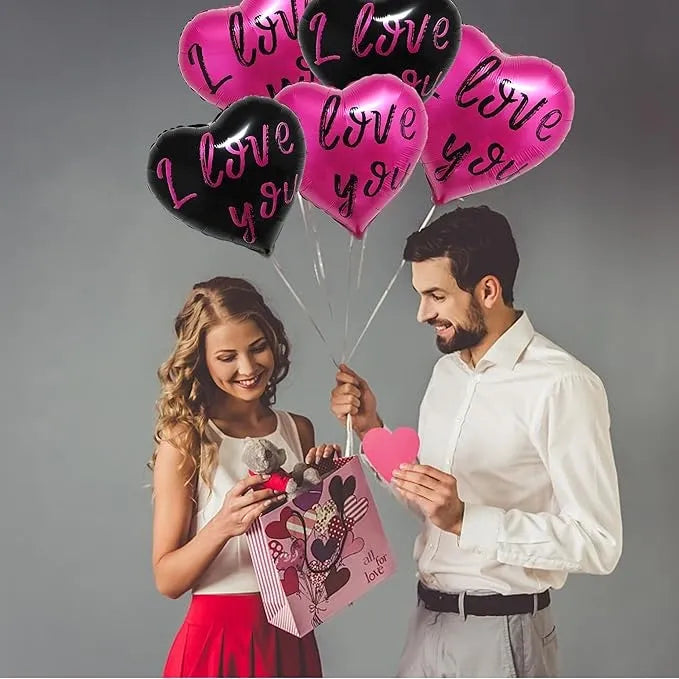 10Pcs Black & Hot Pink Heart Shape Foil Mylar Balloons 18 Inch for Valentine's Day, Birthday Party Decorations, Wedding, Engagement, Romantic Decorations