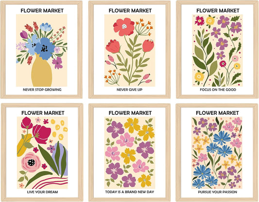 Flower Market Wall Art Inspirational Quote Motivational Vintage Botanical Floral Word Art Canvas Print Poster Gallery Office Decor Home Wall Decor Bedroom Aesthetic 8"x10" UNFRAMED Set of 6