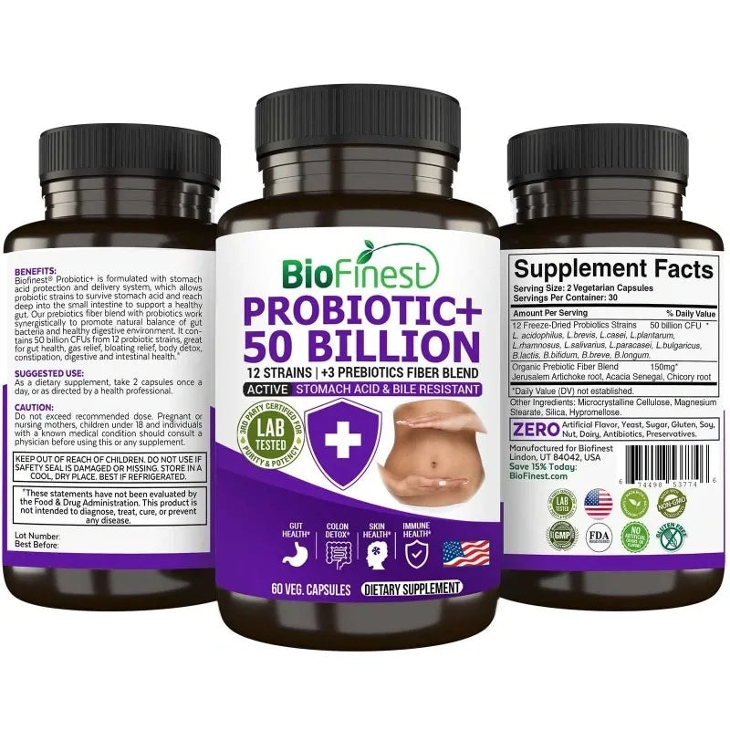 Biofinest Probiotic 50 Billion CFU Enzyme Supplement - 12 Probiotics Strains with 3 Prebiotics (60 veg. caps)