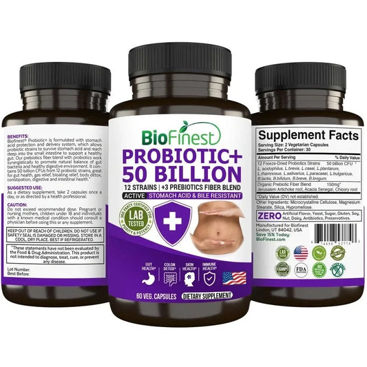 Biofinest Probiotic 50 Billion CFU Enzyme Supplement - 12 Probiotics Strains with 3 Prebiotics (60 veg. caps)