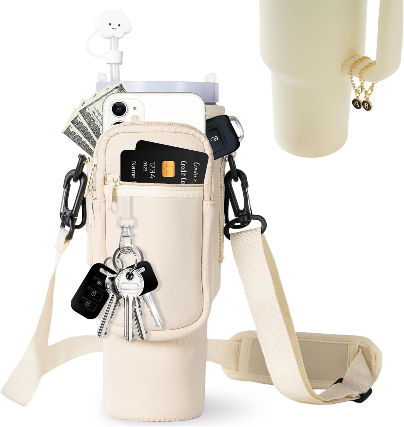 Water Bottle Holder with Strap, Water Bottle Carrier Bag with Phone Pocket, Shoulder Hand Strap Insulated Neoprene 32/40 oz Water Bottle Sleeve for Walking Hiking Camping Gym