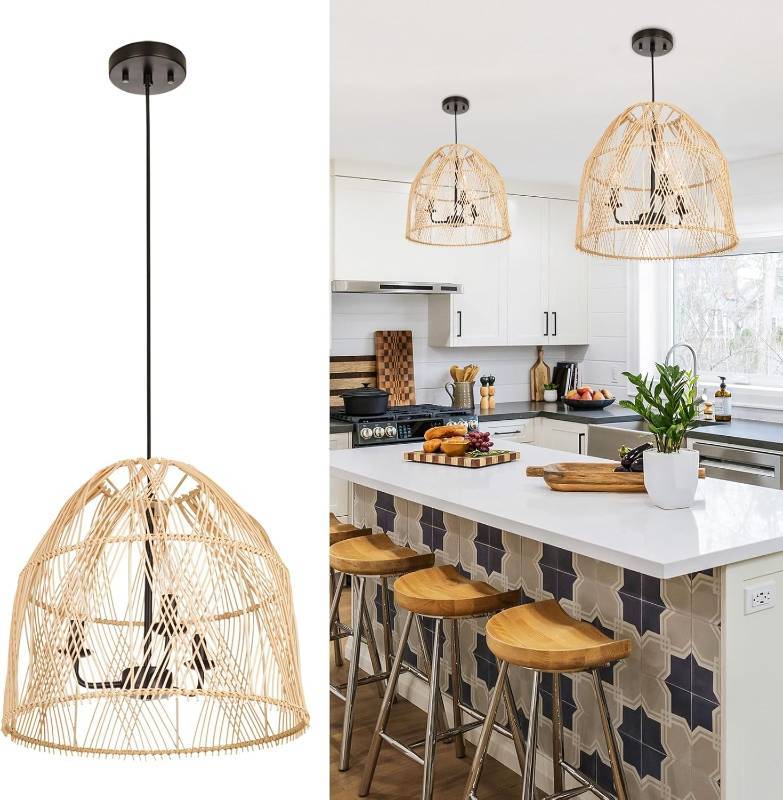 Farmhouse Rattan Pendant Light Fixture, 16 Inch Large Boho Handwoven Hanging Ceiling Mount Lamp Shade, 3-Light Rustic Wicker Chandelier for Kitchen Dining Living Room Bedroom Hallway Foyer