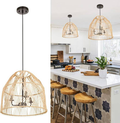 Farmhouse Rattan Pendant Light Fixture, 16 Inch Large Boho Handwoven Hanging Ceiling Mount Lamp Shade, 3-Light Rustic Wicker Chandelier for Kitchen Dining Living Room Bedroom Hallway Foyer