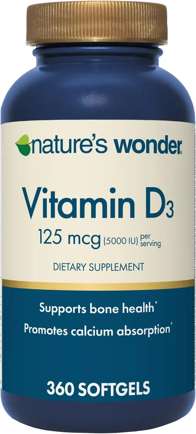 Nature's Wonder Vitamin D3 5000iu (125mcg) High Potency, Dietary Supplement to Support Bone Health and Immune System, Gluten Free, 360 Softgels