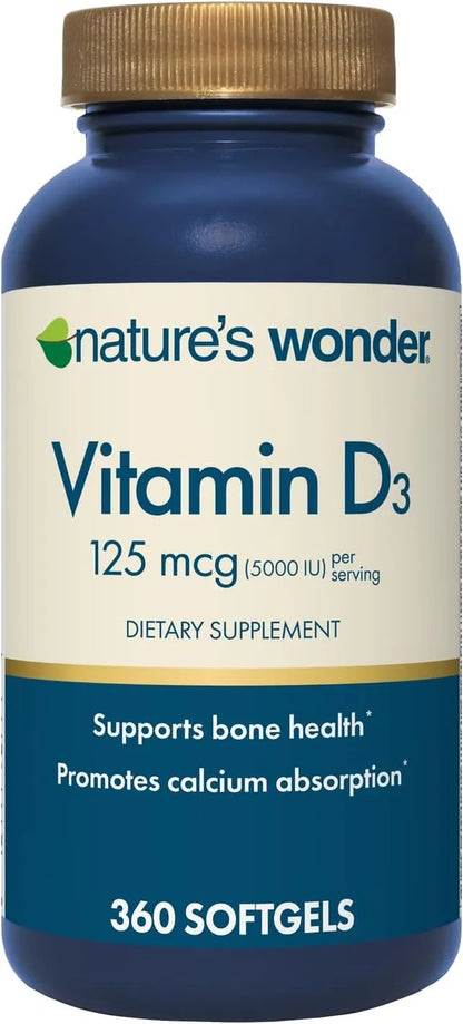 Nature's Wonder Vitamin D3 5000iu (125mcg) High Potency, Dietary Supplement to Support Bone Health and Immune System, Gluten Free, 360 Softgels