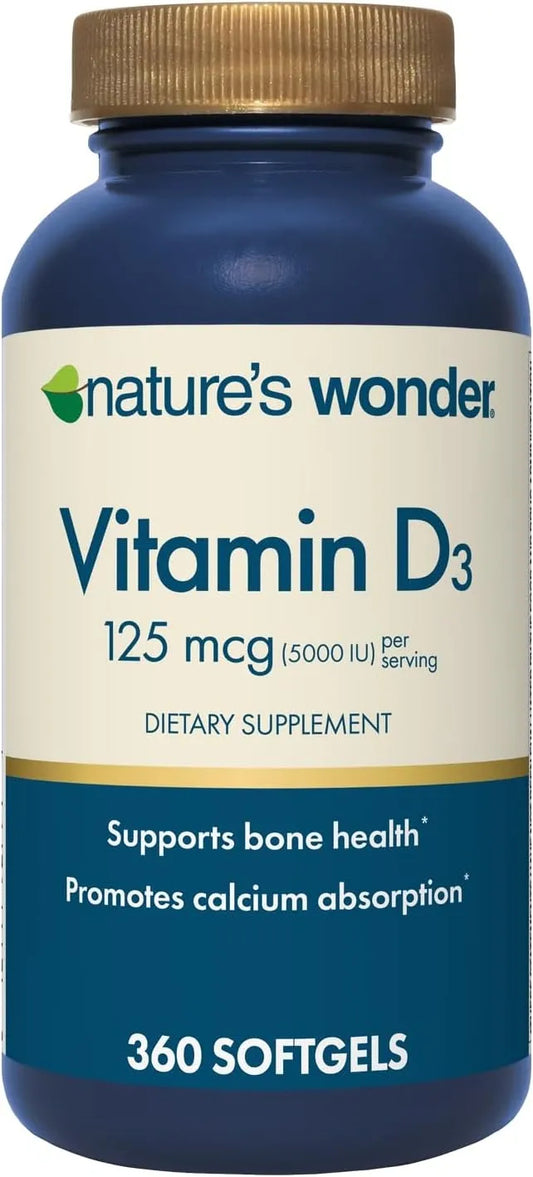 Nature's Wonder Vitamin D3 5000iu (125mcg) High Potency, Dietary Supplement to Support Bone Health and Immune System, Gluten Free, 360 Softgels
