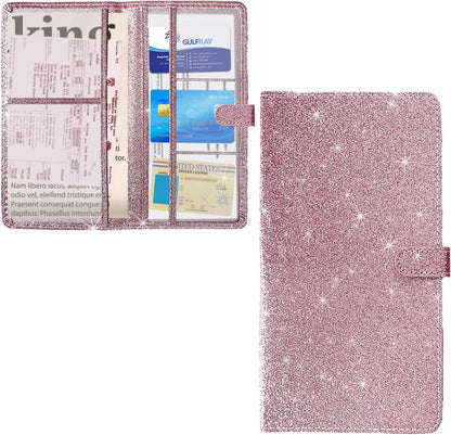 Ziciner Car Registration and Insurance Holder, Auto Card Document Glove Box Organizer with Magnetic Closure, Universal Vehicle Interior Accessories for Cars SUVs (Glitter Pink-Large)