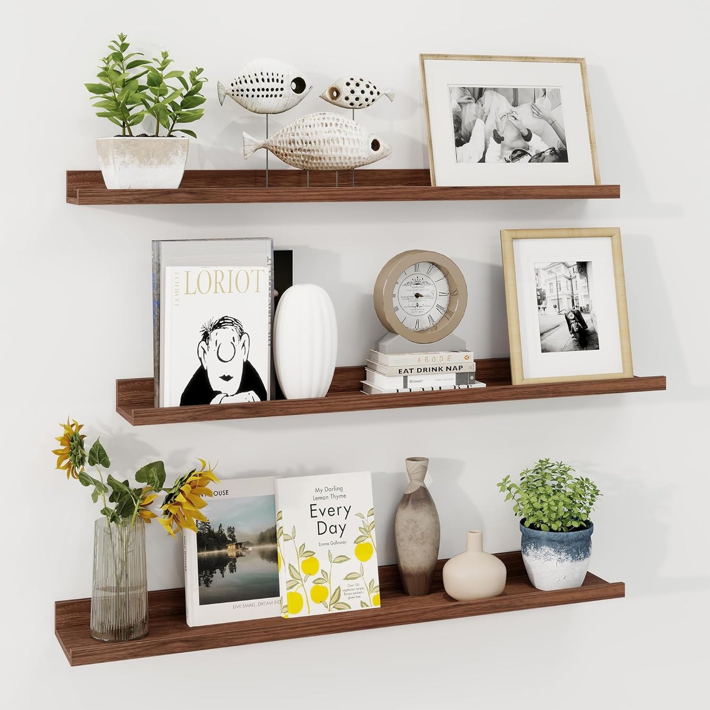 Set of 3 Walnut Picture Ledge Shelves (36 Inch) - U-Shaped Floating Wall Mount for Photos, Vinyl Records & Decor - Modern Display Ledge