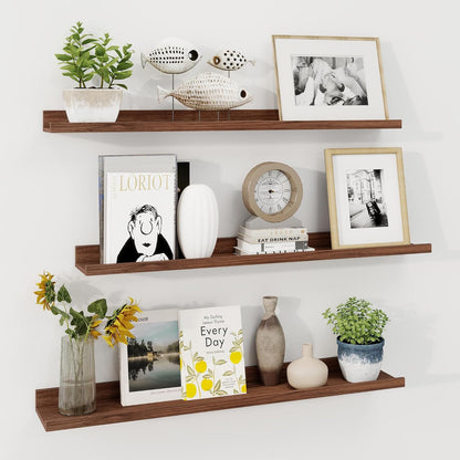Set of 3 Walnut Picture Ledge Shelves (36 Inch) - U-Shaped Floating Wall Mount for Photos, Vinyl Records & Decor - Modern Display Ledge